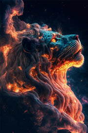 Tableau en verre lion de feu au visage bleu et crinière flamboyante orange sur fond sombre – ByMyDeco