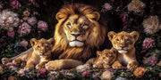 Tableau en verre lion majestueux entouré de trois lionceaux parmi des roses roses et crème – Famille Royale ByMyDeco