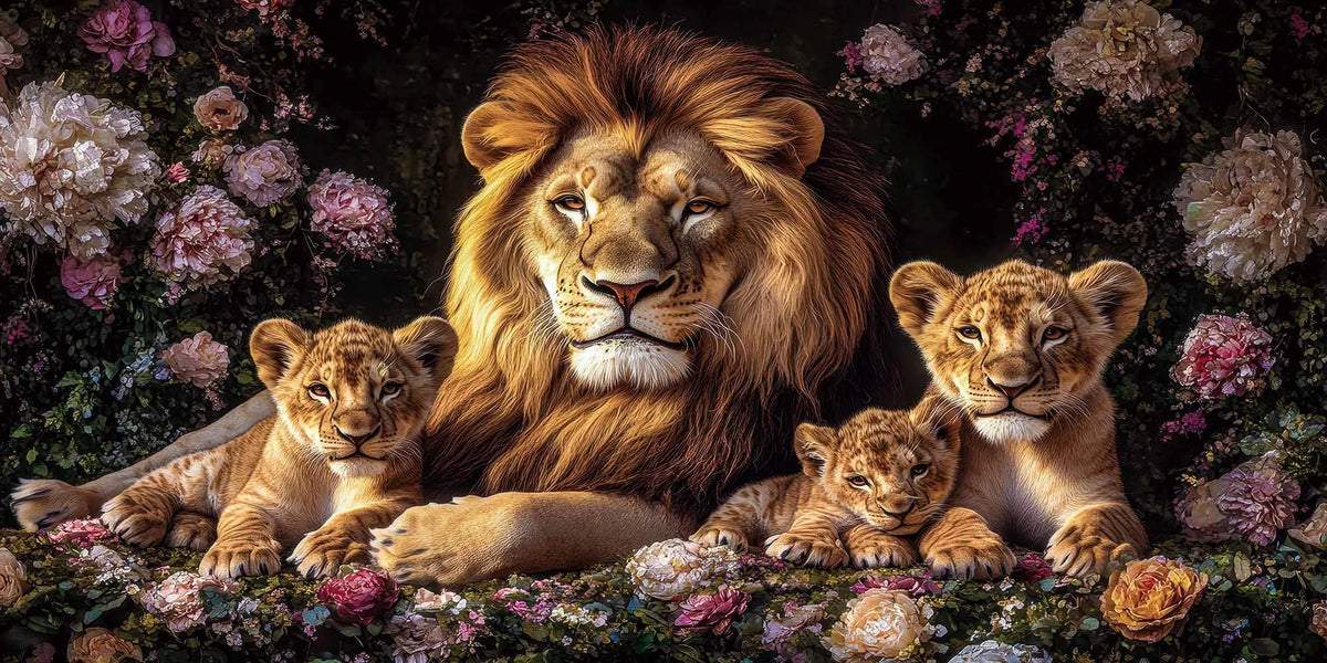 Tableau en verre lion majestueux entouré de trois lionceaux parmi des roses roses et crème – Famille Royale ByMyDeco