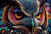 Tableau en verre hibou multicolore au regard hypnotique, grands yeux orange et plumes turquoise, bleu et rose – ByMyDeco
