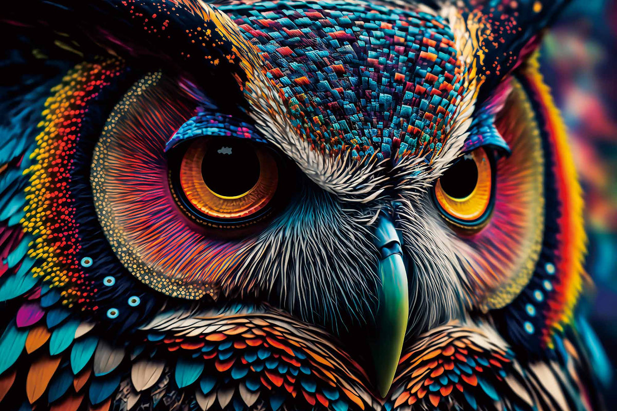 Tableau en verre hibou multicolore au regard hypnotique, grands yeux orange et plumes turquoise, bleu et rose – ByMyDeco