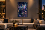 Tableau en verre hibou coloré en format portrait 120 × 80 cm accroché au-dessus d’un canapé dans un salon moderne – ByMyDeco