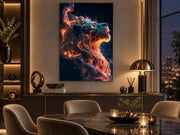 Tableau en verre Lion de Feu 120 × 80 cm accroché au mur dans une salle à manger contemporaine – ByMyDeco