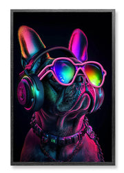 Tableau néon LED bouledogue français DJ avec casque audio, lunettes multicolores et cadre sombre – Frenchie Fluo ByMyDeco