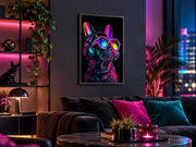 Tableau néon LED Frenchie Fluo 40 × 60 cm au mur d’un salon moderne aux ambiances rose et bleu – ByMyDeco