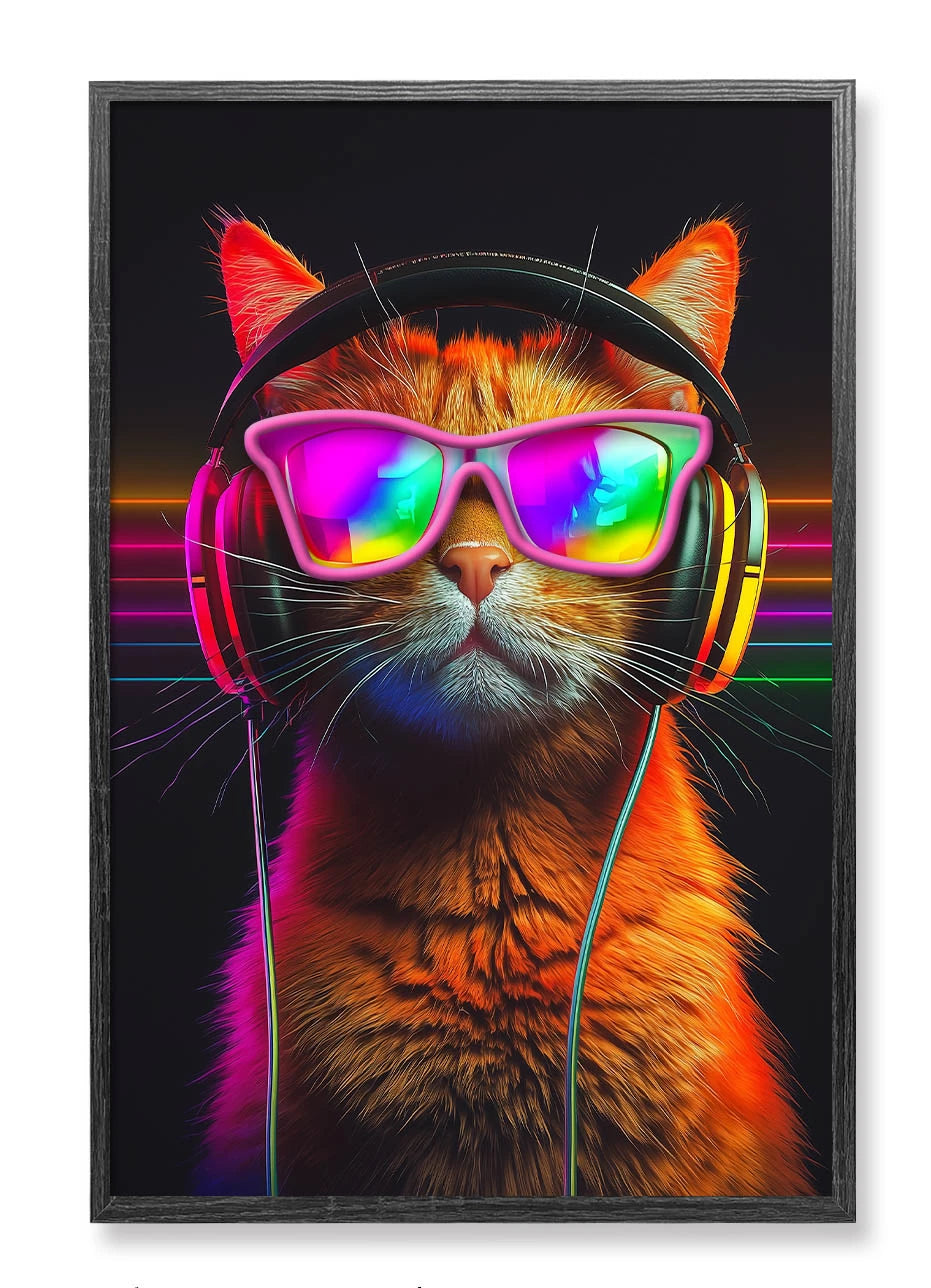 Tableau néon LED chat roux DJ avec lunettes arc-en-ciel roses et casque audio sur fond noir, encadrement foncé – Miaou Disco