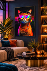 Tableau néon LED chat roux Miaou Disco 40 × 60 cm accroché dans un salon moderne aux éclairages colorés – ByMyDeco