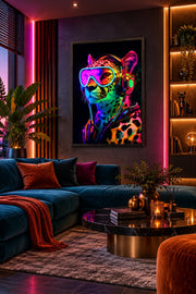 Tableau néon LED léopard DJ Jungle Électrique 40 × 60 cm dans un salon moderne aux éclairages roses et bleus – ByMyDeco