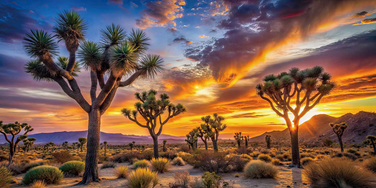 Tableau en verre désert de Joshua Tree au coucher du soleil, arbres de Josué sous un ciel orange et violet – ByMyDeco