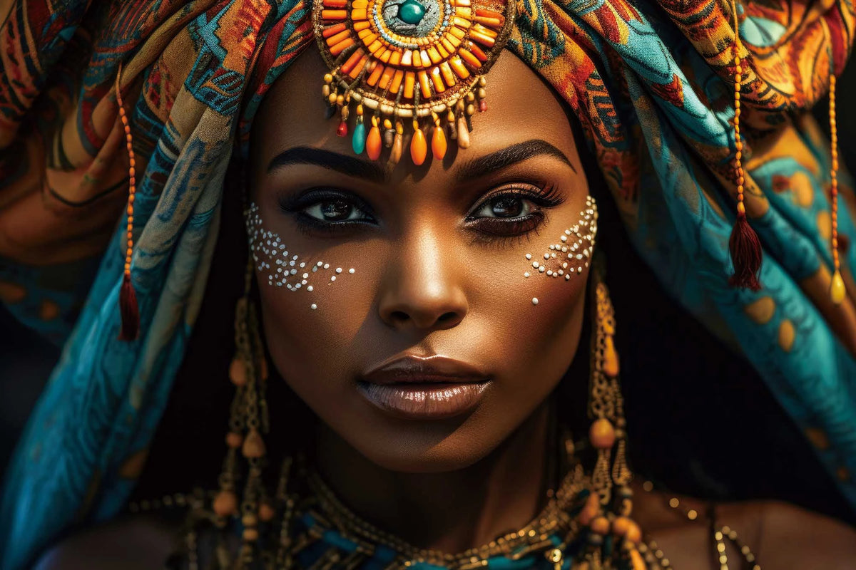 Tableau en verre portrait de femme au turban turquoise et orange, bijoux dorés et motifs blancs sur les joues – ByMyDeco