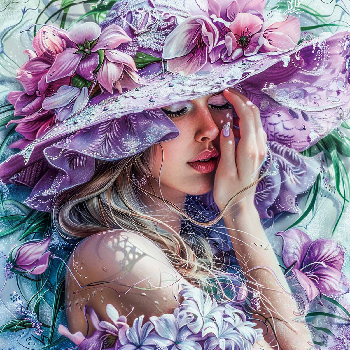 Tableau en verre portrait d'une femme aux yeux fermés portant un chapeau fleuri violet et rose – Rêverie Violette ByMyDeco