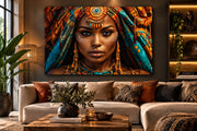 Tableau en verre Femme au Turban Coloré 120 × 80 cm accroché au-dessus d'un canapé beige dans un salon moderne – ByMyDeco