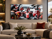 Tableau en verre sans cadre Formula 1 Pit Stop Rouge au-dessus d’un canapé dans un salon moderne – ByMyDeco