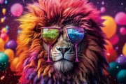 Tableau en verre lion pop art à crinière rose et orange portant des lunettes fantaisie multicolores – ByMyDeco