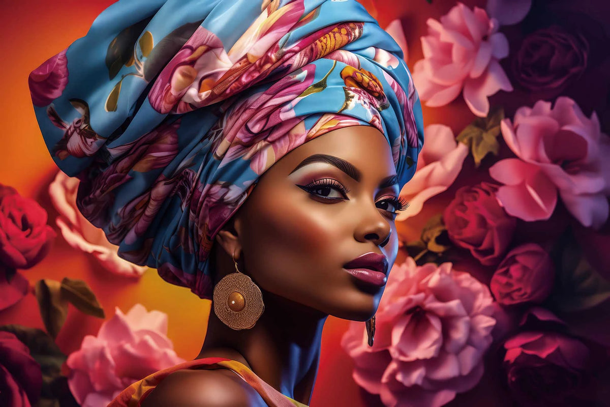 Tableau en verre portrait de femme au turban bleu et rose, boucle d'oreille dorée, entourée de roses rouges et roses – ByMyDeco