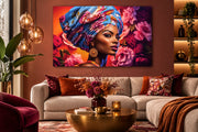 Tableau en verre femme aux roses Passion Florale 120 × 80 cm au-dessus d'un canapé beige dans un salon chaleureux – ByMyDeco