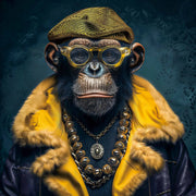 Tableau en verre chimpanzé gangster avec lunettes dorées, béret jaune et manteau à col en fourrure – ByMyDeco