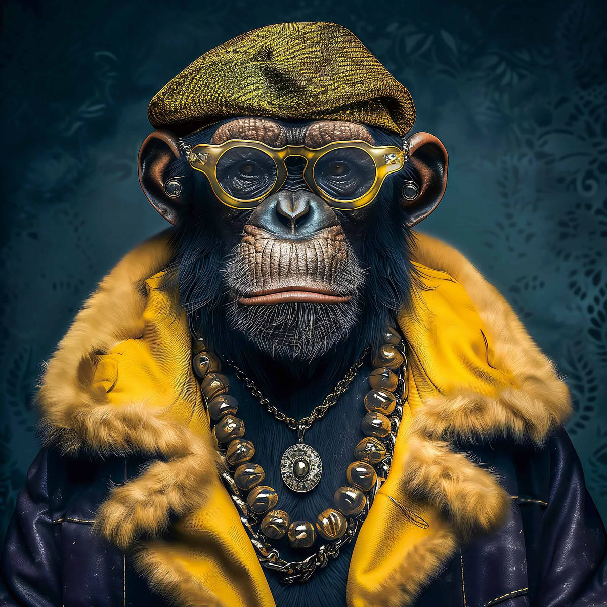 Tableau en verre chimpanzé gangster avec lunettes dorées, béret jaune et manteau à col en fourrure – ByMyDeco