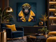 Tableau en verre singe gangster Gentleman Doré 100 × 100 cm accroché dans un salon chic bleu nuit et doré – ByMyDeco