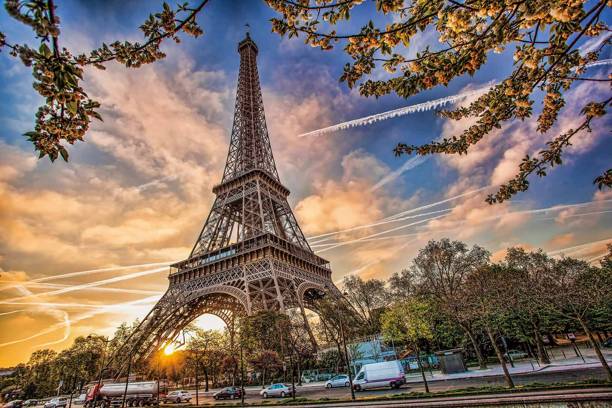 Tableau en verre Tour Eiffel à Paris au coucher du soleil, ciel bleu et doré, branches fleuries – ByMyDeco